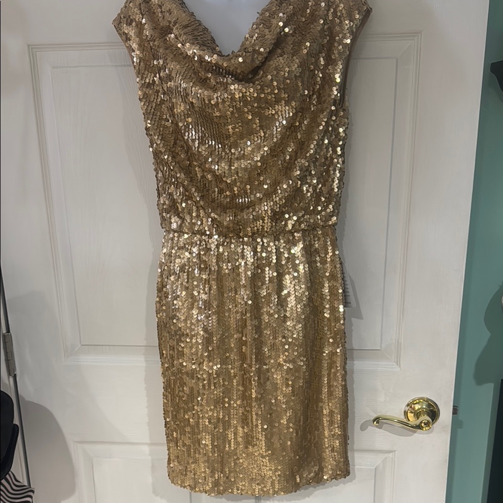 Eliza J Gold Sequin Mini Dress with Cowl Neck and Cap Sleeves